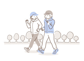 公園でウォーキングする男性と女性のイラスト素材