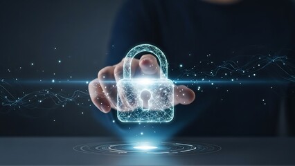 Digital Security Concept Hand Interacting with Glowing Padlock Icon.