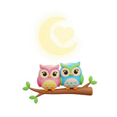 Two owls perched on a branch under a crescent moon with a heart