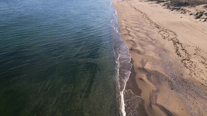 Aerial view of empty sandy beach and calm sea under clear blue sky. Peaceful coastline with gentle waves, dunes and distant horizon, ideal for travel, nature and relaxation themes