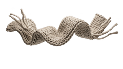 Cream knitted scarf with fringe floating on black beige