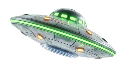 Futuristic UFO spaceship PNG isolated on transparent background, alien spacecraft with green lights for science fiction concepts © Dan