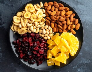 Black plate holds segmented array of healthy dried fruit and nuts