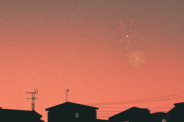 Distant bursts rise over dark residential rooftops lined with antennas at dusk.