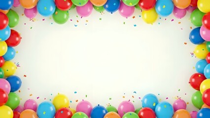 Colorful party balloons framing a blank white central space with confetti. Festive birthday background for invitation card, event poster, or celebration message.
