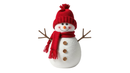 Festive snowman with red hat and scarf isolated PNG, winter holiday decoration on transparent background for Christmas and New Year designs