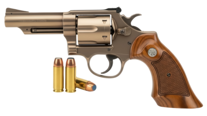 Bronze revolver with bullets isolated PNG, a classic firearm for self-defense and historical reenactment on transparent background
