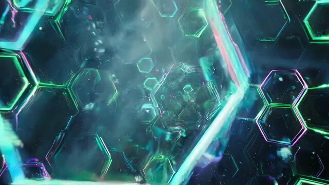 Abstract, geometric shapes, hexagonals with glowing edges, on dark, blurred background