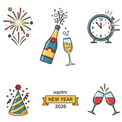Festive New Year's Eve Celebration Icons: Sparkling Drinks, Fireworks, Countdown