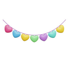 Colorful heart-shaped decorations hanging on a string against a white background