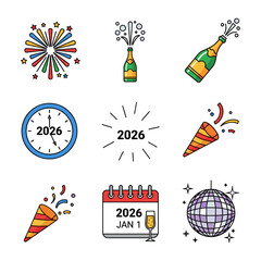 Festive New Year 2026 celebration party icons digital collection
