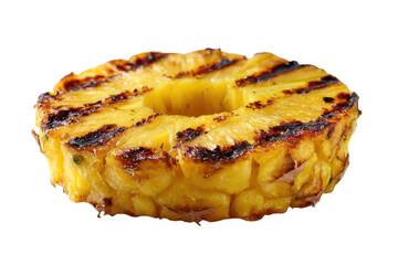 Grilled pineapple ring with dark char marks on black background fruit tropical