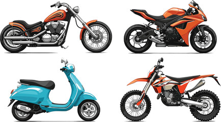 PrintCollection of modern motorcycle vectors featuring various styles including a custom chopper sport bike dirt bike and blue classic scooter set isolated. © Priyanka