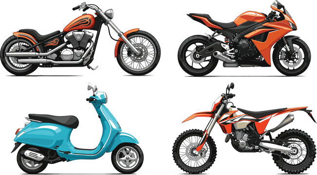 PrintCollection of modern motorcycle vectors featuring various styles including a custom chopper sport bike dirt bike and blue classic scooter set isolated.