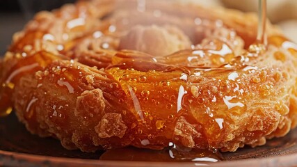 Golden crispy and deliciously sweet layered pastry being generously drizzled with rich amber honey creating an irresistible dessert experience perfect for a gourmet treat or a special occasion.