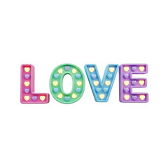Colorful illuminated lettering displaying the word love on a white background