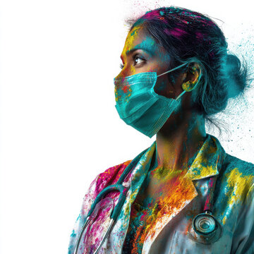 Colorful celebration of Holi with a young female doctor adorned in vibrant powders and professional attire