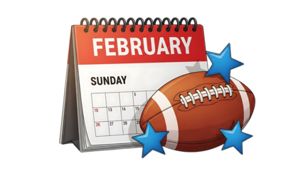 Illustration of a football and calendar for february sunday isolated on transparent background