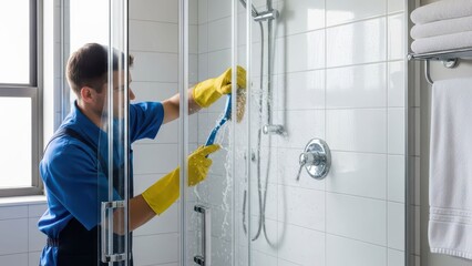 Professional cleaner in blue uniform and yellow gloves diligently cleaning a modern shower for home hygiene.