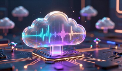 Futuristic cloud computing on glowing circuit board, data flow visualization in neon colors.