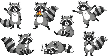 Collection of cute raccoon cartoon characters featuring various poses like eating pizza sleeping waving and dancing isolated on a clean white background. © Priyanka