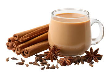 Glass mug of creamy chai tea with cinnamon sticks star anise and cloves image