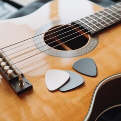 Guitar Picks And Strings featuring guitar picks and a set of strings on a table, created as a calm neutral scene for creative projects, hobby blogs and art related layouts 