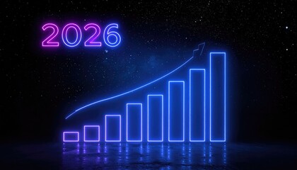 Neon glowing financial chart indicating growth in the year 2026, set against a dark, starry background