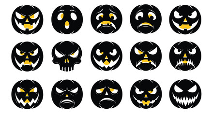Fototapeta premium Collection of black Halloween pumpkin silhouette vectors featuring various spooky jack o lantern face expressions and a skull isolated on white background.