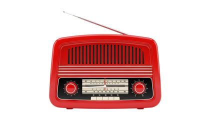 Vintage red radio with antenna on isolated transparent background
