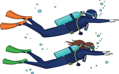 PrintVector illustration of male and female scuba divers swimming underwater with oxygen tanks and diving gear isolated on a white background set. © Priyanka