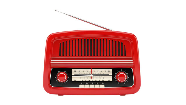 Vintage red radio with antenna on isolated transparent background
