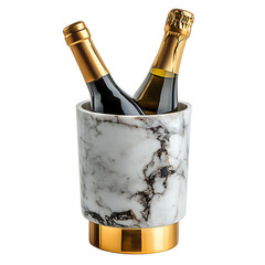 Marble ice bucket with wine bottles and gold base isolated on transparent background