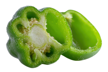 Fresh green bell pepper cut in half with water droplets on black image