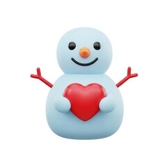 A smiling snowman holding a red heart in his hands, standing alone in a winter landscape.