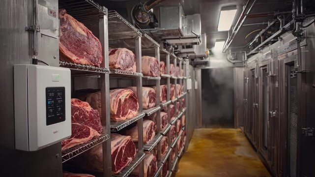 Interior view of a dry aging facility with visible humidity regulation systems maintaining optimal moisture for beef aging.