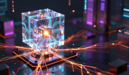 Futuristic glowing cube pulses energy, surrounded by neon circuits and digital data streams.