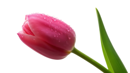 Beautiful pink tulip with water droplets isolated PNG, close-up of fresh spring flower on transparent background for design and decoration