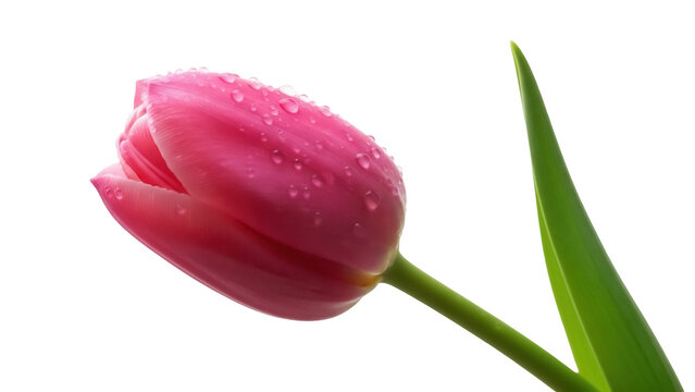 Beautiful pink tulip with water droplets isolated PNG, close-up of fresh spring flower on transparent background for design and decoration - Powered by Adobe