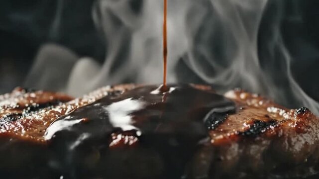 Black Sauce Poured Over Hot Grilled Meat Close Up 4k Ai Food Cinematic