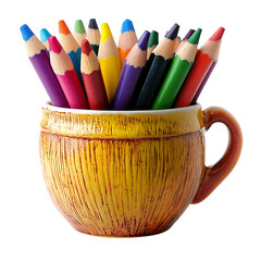 Colorful crayons in ceramic cup isolated on transparent background