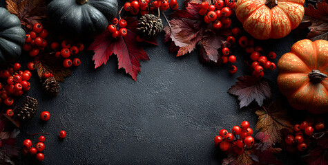Thanksgiving background decoration from dry leaves,red berries and pumpkin on blackboard background. Flat lay, top view for Autumn, fall, Thanksgiving concept.