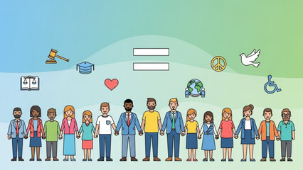 Diverse group of people standing together in unity with symbols of equality justice and love