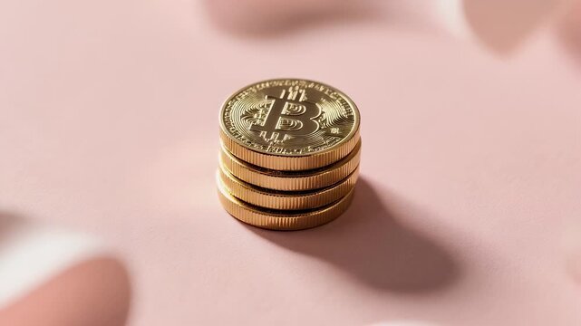 A stack of metallic coins, gold in color, rests on a pink surface. The light is diffused, creating soft shadows. Abstract forms
