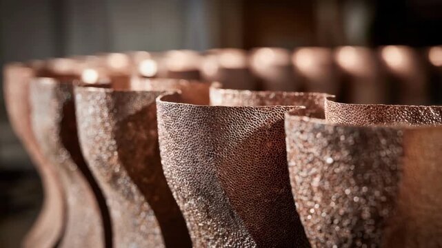 Medium shot focusing on textured 3D printed copper elements demonstrating the fusion of traditional metalwork aesthetics with modern fabrication methods.