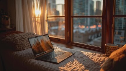 City View Workspace: A cozy window seat workspace, adorned with a laptop and a steaming cup, offers a captivating view of a city at sunset, fostering productivity and relaxation. 