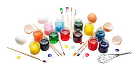 Easter egg painting supplies with colorful paints brushes and eggs on black background image
