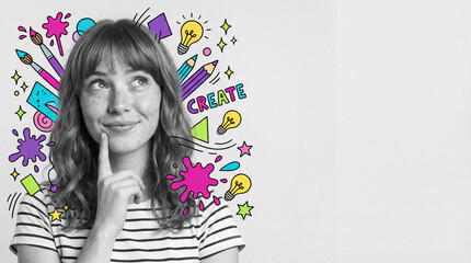 Thoughtful woman with creative ideas on bright sticker background  