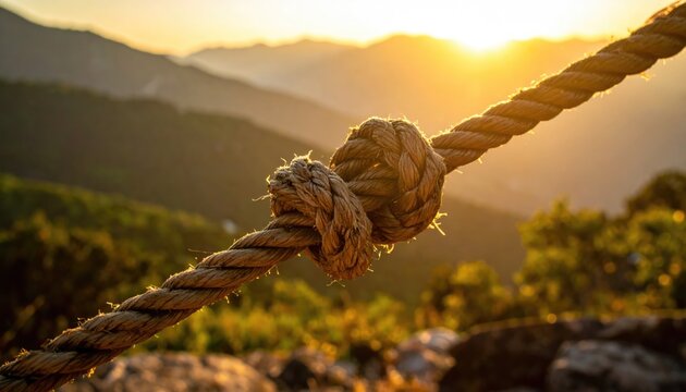 A close-up of a sturdy rope with a knot, set against a backdrop of a mountain range bathed in warm sunlight. The intricate knot symbolizes connection, strength, and security. - Powered by Adobe