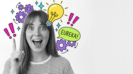Excited woman celebrating idea with Eureka concept and graphics  